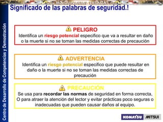 Centro
de
Desarrollo
de
Competencias
y
Demostración
PELIGRO
Identifica un riesgo potencial especifico que va a resultar en daño
o la muerte si no se toman las medidas correctas de precaución
ADVERTENCIA
Identifica un riesgo potencial especifico que puede resultar en
daño o la muerte si no se toman las medidas correctas de
precaución
PRECAUCIÓN
Se usa para recordar las normas de seguridad en forma correcta,
O para atraer la atención del lector y evitar prácticas poco seguras o
inadecuadas que pueden causar daños al equipo.
Significado de las palabras de seguridad.!
 