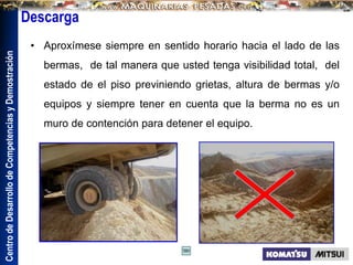 Centro
de
Desarrollo
de
Competencias
y
Demostración
• Aproxímese siempre en sentido horario hacia el lado de las
bermas, de tal manera que usted tenga visibilidad total, del
estado de el piso previniendo grietas, altura de bermas y/o
equipos y siempre tener en cuenta que la berma no es un
muro de contención para detener el equipo.
Descarga
 