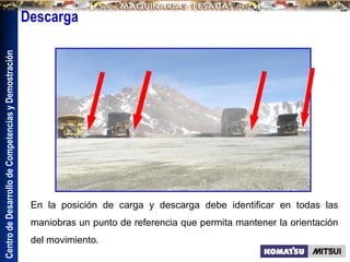 Centro
de
Desarrollo
de
Competencias
y
Demostración
En la posición de carga y descarga debe identificar en todas las
maniobras un punto de referencia que permita mantener la orientación
del movimiento.
Descarga
 