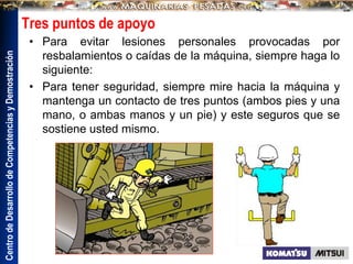 Centro
de
Desarrollo
de
Competencias
y
Demostración
Tres puntos de apoyo
• Para evitar lesiones personales provocadas por
resbalamientos o caídas de la máquina, siempre haga lo
siguiente:
• Para tener seguridad, siempre mire hacia la máquina y
mantenga un contacto de tres puntos (ambos pies y una
mano, o ambas manos y un pie) y este seguros que se
sostiene usted mismo.
 