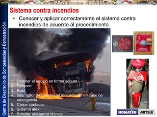 Centro
de
Desarrollo
de
Competencias
y
Demostración
• Conocer y aplicar correctamente el sistema contra
incendios de acuerdo al procedimiento.
Sistema contra incendios
1. Detener el equipo en forma segura
2. Parqueo
3. Rest
4. Interruptor de parada del motor diesel en caso de
emergencia
5. Cerrar contacto
6. Sistema afex
7. Solicitar asistencia técnica
 