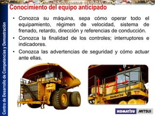 Centro
de
Desarrollo
de
Competencias
y
Demostración
Conocimiento del equipo anticipado
• Conozca su máquina, sepa cómo operar todo el
equipamiento, régimen de velocidad, sistema de
frenado, retardo, dirección y referencias de conducción.
• Conozca la finalidad de los controles; interruptores e
indicadores.
• Conozca las advertencias de seguridad y cómo actuar
ante ellas.
 