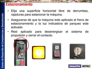 Centro
de
Desarrollo
de
Competencias
y
Demostración
Estacionamiento
• Elija una superficie horizontal libre de derrumbes,
rajaduras para estacionar la máquina.
• Asegurarse de que la máquina este aplicado el freno de
estacionamiento y la luz indicadora de parqueo este
activado
• Rest aplicado para desenergisar el sistema de
propulsión y cerrar el contacto.
 