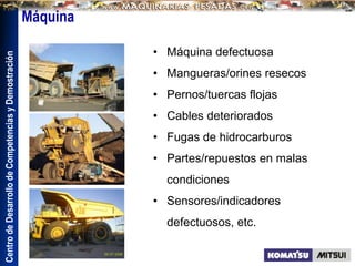 Centro
de
Desarrollo
de
Competencias
y
Demostración
• Máquina defectuosa
• Mangueras/orines resecos
• Pernos/tuercas flojas
• Cables deteriorados
• Fugas de hidrocarburos
• Partes/repuestos en malas
condiciones
• Sensores/indicadores
defectuosos, etc.
Máquina
 