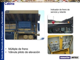 Centro
de
Desarrollo
de
Competencias
y
Demostración
Cabina
• Múltiple de freno
• Válvula piloto de elevación
Indicador de freno de
servicio y retardo
 
