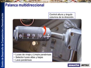 Centro
de
Desarrollo
de
Competencias
y
Demostración
• Luces de viraje y Limpia parabrisas
• Selector luces altas y bajas
• Lava parabrisas
Control altura y ángulo
columna de la dirección.
Palanca multidireccional
 