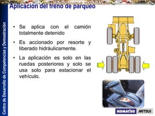 Centro
de
Desarrollo
de
Competencias
y
Demostración
Aplicación del freno de parqueo
• Se aplica con el camión
totalmente detenido
• Es accionado por resorte y
liberado hidráulicamente.
• La aplicación es solo en las
ruedas posteriores y solo se
usa solo para estacionar el
vehículo.
 