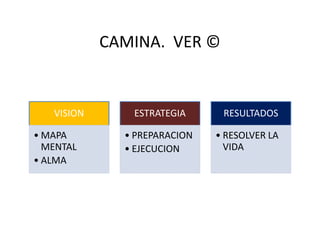 CAMINA. VER ©
VISION ESTRATEGIA RESULTADOS
• MAPA
MENTAL
• ALMA
• PREPARACION
• EJECUCION
• RESOLVER LA
VIDA
 