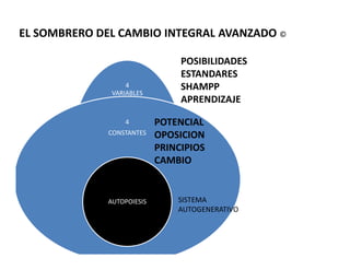 4 TAREAS
4
VARIABLES
4
CONSTANTES
POTENCIAL
OPOSICION
POSIBILIDADES
ESTANDARES
SHAMPP
APRENDIZAJE
EL SOMBRERO DEL CAMBIO INTEGRAL AVANZADO ©
CONSTANTES
AUTOPOIESIS
OPOSICION
PRINCIPIOS
CAMBIO
SISTEMA
AUTOGENERATIVO
 