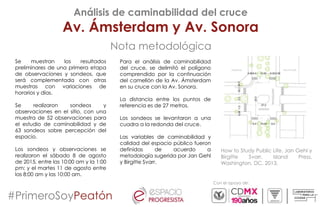 Con el apoyo de:
Análisis de caminabilidad del cruce
Av. Ámsterdam y Av. Sonora
#PrimeroSoyPeatón
Nota metodológica
Se muestran los resultados
preliminares de una primera etapa
de observaciones y sondeos, que
será complementada con otras
muestras con variaciones de
horarios y días.
Se realizaron sondeos y
observaciones en el sitio, con una
muestra de 52 observaciones para
el estudio de caminabilidad y de
63 sondeos sobre percepción del
espacio.
Los sondeos y observaciones se
realizaron el sábado 8 de agosto
de 2015, entre las 10:00 am y la 1:00
pm; y el martes 11 de agosto entre
las 8:00 am y las 10:00 am.
Para el análisis de caminabilidad
del cruce, se delimitó el polígono
comprendido por la continuación
del camellón de la Av. Ámsterdam
en su cruce con la Av. Sonora.
La distancia entre los puntos de
referencia es de 27 metros.
Los sondeos se levantaron a una
cuadra a la redonda del cruce.
Las variables de caminabilidad y
calidad del espacio público fueron
definidas de acuerdo a
metodología sugerida por Jan Gehl
y Birgitte Svarr.
How to Study Public Life, Jan Gehl y
Birgitte Svarr, Island Press,
Washington, DC. 2013.
 
