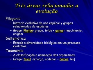 Três áreas relacionadas a
             evolução
Filogenia
  – historia evolutiva de una espécie y grupos
    relacionados ...