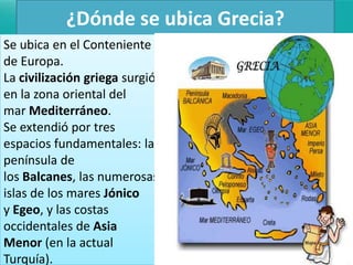 ¿Dónde se ubica Grecia?
Se ubica en el Conteniente
de Europa.
La civilización griega surgió
en la zona oriental del
mar Mediterráneo.
Se extendió por tres
espacios fundamentales: la
península de
los Balcanes, las numerosas
islas de los mares Jónico
y Egeo, y las costas
occidentales de Asia
Menor (en la actual
Turquía).

 