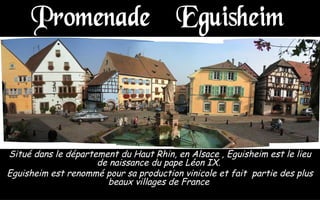 Situé dans le département du Haut Rhin, en Alsace , Eguisheim est le lieu
de naissance du pape Léon IX.
Eguisheim est renommé pour sa production vinicole et fait partie des plus
beaux villages de France
 