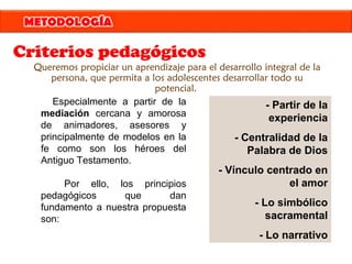 Queremos propiciar un aprendizaje para el desarrollo integral de la
persona, que permita a los adolescentes desarrollar todo su
potencial.
- Partir de la
experiencia
- Centralidad de la
Palabra de Dios
- Vínculo centrado en
el amor
- Lo simbólico
sacramental
- Lo narrativo
Especialmente a partir de la
mediación cercana y amorosa
de animadores, asesores y
principalmente de modelos en la
fe como son los héroes del
Antiguo Testamento.
Por ello, los principios
pedagógicos que dan
fundamento a nuestra propuesta
son:
Criterios pedagógicos
 