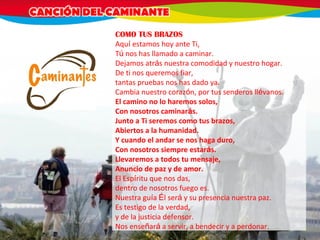 COMO TUS BRAZOS
Aquí estamos hoy ante Ti,
Tú nos has llamado a caminar.
Dejamos atrás nuestra comodidad y nuestro hogar.
De ti nos queremos fiar,
tantas pruebas nos has dado ya.
Cambia nuestro corazón, por tus senderos llévanos.
El camino no lo haremos solos,
Con nosotros caminarás.
Junto a Ti seremos como tus brazos,
Abiertos a la humanidad.
Y cuando el andar se nos haga duro,
Con nosotros siempre estarás.
Llevaremos a todos tu mensaje,
Anuncio de paz y de amor.
El Espíritu que nos das,
dentro de nosotros fuego es.
Nuestra guía Él será y su presencia nuestra paz.
Es testigo de la verdad,
y de la justicia defensor.
Nos enseñará a servir, a bendecir y a perdonar.
 