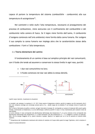 capace di portare la temperatura del sistema (combustibile – comburente) alla sua

temperatura di autoignizione10.


            Nei caminetti e nelle stufe l’alta temperatura, necessaria al proseguimento del

processo di combustione, viene assicurata con il confinamento del combustibile e del

comburente nella camera di fuoco. Se il legno viene fornito dall’uomo, il comburente

(l’ossigeno contenuto nell’aria ambiente) viene fornito dalla canna fumaria. Per svolgere

il suo compito la canna fumaria non impiega altro che le caratteristiche stesse della

combustione: i fumi e l’alta temperatura.


       3.3. Teoria elementare del camino


            Il funzionamento di un camino si basa sul semplice principio dei vasi comunicanti,

con il fluido che tende ad assumere e conservare lo stesso livello in ogni vaso, purché:


                 •    i due vasi comunichino tra loro;

                 •    il fluido contenuto nei due vasi abbia la stessa densità.




I grafici sopra riportati, visualizzano la situazione:


si consideri, per esempio, la reazione A + B        P. Come mostra il diagramma a destra, perché A reagisca con B è necessario che il
loro urto reciproco avvenga con un'energia almeno paria a Eatt , dando luogo ad un prodotto P con energia minore di quella dei
reagenti.
Ora, si faccia riferimento al grafico a sinistra: ad ogni intervallo di energia E, corrisponde un numero di molecole N(E) aventi quella
energia; aumentando la temperatura, la curva dell'energia si deforma (profili in rosso e in blu) mantenendo però costante l'area da
essa sottesa.
La curva colorata in rosso corrisponde alla distribuzione dell'energia alla temperatura T1; la curva colorata in blu corrisponde alla
distribuzione dell'energia alla temperatura T2: si vede facilmente che alla temperatura T2 > T1 è maggiore il numero di molecole,
N(E), che ha energia maggiore di Eatt (parte colorata in grigio). Questa è la ragione per cui si ha un aumento di velocità della
reazione.
10
     Temperatura del riscaldamento stazionario del sistema di reazione al di sopra della quale ha luogo l’ignizione, cioè la reazione è

capace di autoaccelerazione
                                                                                                                                           19
 