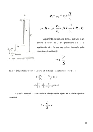 H
                                                   p1 − p2 = g ×
                                                                     va
                                                       2
                                                      u2   vf
                                    g× H − g×    × H+    + R= 0
                                              va      2

                                         Supponendo che nel caso di moto dei fumi in un
                                                                             2
                                 camino il valore di R sia proporzionale a u 2 e

                                 sostituendo ad u la sua espressione ricavabile dalla

                                 equazione di continuità:


                                                              V
                                                           u=
                                                              S
dove V è la portata dei fumi in volume ed S la sezione del camino, si ottiene:

                                   vf        2
                                              u2
                               H× 
                                  v       2 × g × (1 + r )
                                       − 1 =
                                   a     

                                 vf         V2
                             H× 
                                v       2 × g × S 2 × (1 + r )
                                     − 1 =
                                 a     


      In questa relazione r è un numero adimensionale legato ad R dalla seguente

relazione:

                                          2
                                        u2
                                     R=     ×r
                                         2



                                                                                          24
 