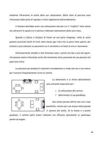 ambiente influenzano la scelta della sua collocazione. Dette linee di percorso sono

influenzate dalle porte di ingresso e meno rigidamente dall'arredamento.


       Il focolare dovrebbe avere una collocazione tale per cui il “traffico” nella stanza

non attraversi lo spazio tra il camino e l'abituale sistemazione della zona relax.


       Quando si colloca il focolare di fronte ad una porta d'ingresso, refoli di vento

possono provocare sbuffi di fumo nella stanza ogni volta che la porta viene aperta; per

evitarlo si può collocare un paravento tra il caminetto e la fonte di aria in movimento.


       Particolarmente sensibili a tale fenomeno sono i camini con due o più lati aperti,

che possono essere influenzati anche dal movimento d'aria provocato da una persona che

passi loro vicino.


       La soluzione più semplice è sistemare l'arredamento in modo che non vi sia motivo

per muoversi frequentemente vicino al camino.


                                                La dimensione e la forma dell'ambiente

                                         sono entrambi importanti per:


                                                       la collocazione del camino;

                                                       determinare la sua grandezza.


                                                Una stanza piccola offrirà solo una o due

                                         possibilità, mentre per una stanza molto grande

                                         vi saranno più scelte. Se la stanza è a pianta

quadrata, il camino potrà essere collocato con efficacia equivalente su qualunque

parete od angolo.




                                                                                             62
 