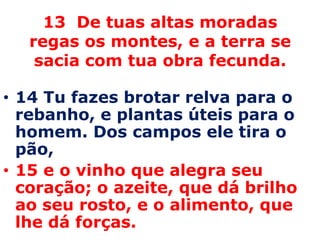 13  De tuas altas moradas regas os montes, e a terra se sacia com tua obra fecunda.14 Tu fazes brotar relva para o rebanho, e plantas úteis para o homem. Dos campos ele tira o pão, 15 e o vinho que alegra seu coração; o azeite, que dá brilho ao seu rosto, e o alimento, que lhe dá forças.