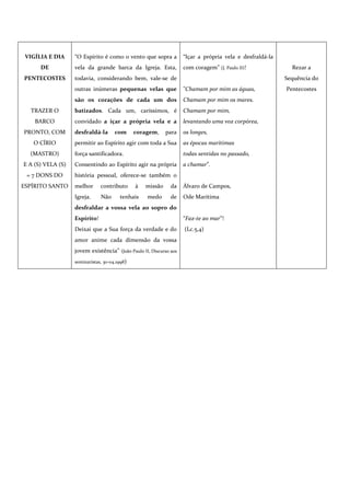 VIGÍLIA E DIA     “O Espírito é como o vento que sopra a           “Içar a própria vela e desfraldá-la
      DE           vela da grande barca da Igreja. Esta,            com coragem” (J. Paulo II)!             Rezar a
PENTECOSTES        todavia, considerando bem, vale-se de                                                  Sequência do
                   outras inúmeras pequenas velas que               "Chamam por mim as águas,             Pentecostes
                   são os corações de cada um dos                   Chamam por mim os mares.
  TRAZER O         batizados. Cada um, caríssimos, é                Chamam por mim,
    BARCO          convidado a içar a própria vela e a              levantando uma voz corpórea,
PRONTO, COM        desfraldá-la       com      coragem,     para    os longes,
   O CÍRIO         permitir ao Espírito agir com toda a Sua         as épocas marítimas
  (MASTRO)         força santificadora.                             todas sentidas no passado,
E A (S) VELA (S)   Consentindo ao Espírito agir na própria          a chamar”.
 = 7 DONS DO       história pessoal, oferece-se também o
ESPÍRITO SANTO     melhor      contributo      à   missão     da    Álvaro de Campos,
                   Igreja.     Não      tenhais    medo       de    Ode Marítima
                   desfraldar a vossa vela ao sopro do
                   Espírito!                                        “Faz-te ao mar”!
                   Deixai que a Sua força da verdade e do           (Lc.5,4)
                   amor anime cada dimensão da vossa
                   jovem existência” (João Paulo II, Discurso aos
                   seminaristas, 30-04.1998)
 