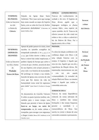 CIÊNCIA            (CONHECIMENTO):
  VI SEMANA          Falando       da        Igreja    disse   Santo   Trata-se      do     conhecimento            da
  DA PÁSCOA          Ambrósio: “Ela é esse navio que navega            verdade e do erro. O Espírito de
                                                                                                                           Invocar
Colar ou Inscrever   bem neste mundo ao sopro do Espírito              Deus       dá-nos       aquilo        que     a
     na vela         Santo, com as velas da Cruz do Senhor             linguagem         teológica      se    chama         o dom

   a chama da        plenamente desfraldadas” (Catecismo da            «sensus fidei», uma espécie de                     da Ciência
     Ciência         Igreja Católica, 845)                             «sexto sentido» da fé. Trata-se da
                                                                       ciência comum da vida cristã em
                                                                       ordem a «ler» a vida e a valorá-la à
                                                                       luz da Palavra de Deus. Faz a
                                                                       ligação entre a fé e a Vida.
                     Apesar de poder parecer às vezes, como            PIEDADE:
  VII SEMANA         sucedeu no episódio evangélico da
  (DEPOIS DA         tempestade acalmada (cf. Mc 4, 35-41; Lc 8,       É o dom da relação confidente e de                  Invocar

  ASCENSÃO)          22-25),   que Cristo dorme e deixa a sua          confiança alegre com Deus e de
                                                                                                                            o dom
                     barca à mercê das ondas impetuosas, é             uma     relação      fraterna         com    os
                                                                                                                          da Piedade
Colar ou Inscrever   pedido à Igreja da Europa que cultive a           irmãos. O Espírito é Aquele que
                                                                                                                               e
 na vela a chama     certeza de que o Senhor, através do dom           reza em nós, Aquele que nos dá a
                                                                                                                          do Temor
       do            do seu Espírito, está sempre presente e           experiência da filiação divina. Ele
                                                                                                                             de
                                                                       testemunha interiormente em nós
    Piedade          ativo nela e na história da humanidade.                                                                Deus
                     Ele prolonga no tempo a sua missão,               e      cria        em        nós       aquela
Temor de Deus
                     fazendo da Igreja uma corrente de vida            «conaturalidade» (à vontade) da

                     nova que flui dentro da vida da                   relação filial com Deus e ao mesmo

                     humanidade como sinal de esperança                tempo é Aquele que realiza a

                     para todos” (João Paulo II, Ecclesia in Europa    comunhão entre nós.

                     27)
                                                                       TEMOR DE DEUS
                     Os documentos do Concílio Vaticano                Trata-se da nossa dependência
                     II, sobre os quais é preciso meditar, são,        criatural, da nossa adoração de
                     também para o nosso tempo, uma                    Deus      e   também          das      nossas
                     bússola que permite à barca da Igreja             limitações e das nossas fraquezas
                     fazer-se      ao    largo,       no   meio   de   perante       a      santidade          e     a
                     tempestades ou de ondas calmas e                  transcendência          de    Deus.         Isto
                     tranquilas, para navegar com segurança            suscita no crente o desejo de uma
                     e chegar à meta (Bento XVI, Audiência, 10 de      conversão constante e permanente.
                     Outubro 2012).
 
