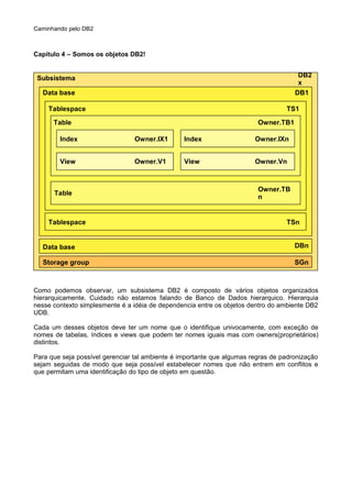 Caminhando pelo DB2
Capítulo 4 – Somos os objetos DB2!
Como podemos observar, um subsistema DB2 é composto de vários objetos organizados
hierarquicamente. Cuidado não estamos falando de Banco de Dados hierarquico. Hierarquia
nesse contexto simplesmente é a idéia de dependencia entre os objetos dentro do ambiente DB2
UDB.
Cada um desses objetos deve ter um nome que o identifique univocamente, com exceção de
nomes de tabelas, índices e views que podem ter nomes iguais mas com owners(proprietários)
distintos.
Para que seja possível gerenciar tal ambiente é importante que algumas regras de padronização
sejam seguidas de modo que seja possível estabelecer nomes que não entrem em conflitos e
que permitam uma identificação do tipo de objeto em questão.
Subsistema
Data base DB1
Storage group
DB2
x
SGn
Data base DBn
Tablespace TSn
Tablespace TS1
Table
Owner.TB
n
Table Owner.TB1
Index Owner.IX1 Index Owner.IXn
View Owner.V1 View Owner.Vn
 