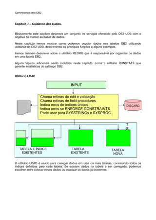 Caminhando pelo DB2
Capítulo 7 – Cuidando dos Dados.
Básicamente este capítulo descreve um conjunto de serviços oferecido pelo DB2 UDB com o
objetivo de manter as bases de dados.
Neste capítulo iremos mostrar como podemos popular dados nas tabelas DB2 utilizando
utilitários do DB2 UDB, descrevendo as principais funções e alguns exemplos.
Iremos também descrever sobre o utilitário REORG que é responsável por organizar os dados
em uma tabela DB2.
Alguns tópicos adicionais serão incluídos neste capítulo, como o utilitário RUNSTATS que
garante estatísticas do catálogo DB2.
Utilitário LOAD
O utilitário LOAD é usado para carregar dados em uma ou mais tabelas, construindo todos os
índices definidos para cada tabela. Se existem dados na tabela a ser carregada, podemos
escolher entre colocar novos dados ou atualizar os dados já existentes.
INPUT
Chama rotinas de edit e validação
Chama rotinas de field procedures
Indica erros de índices únicos
Indica erros se ENFORCE CONSTRAINTS
Pode usar para SYSSTRINGs e SYSPROC
DISCARD
TABELA E ÍNDICE
EXISTENTES
TABELA
EXISTENTE
TABELA
NOVA
T
S
 
