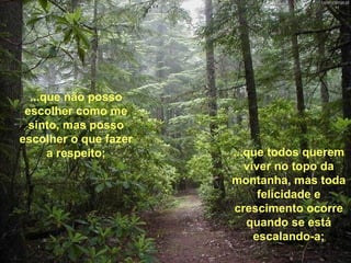 ...que não posso escolher como me sinto, mas posso escolher o que fazer a respeito; ...que todos querem viver no topo da montanha, mas toda felicidade e crescimento ocorre quando se está escalando-a; 