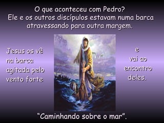 O que aconteceu com Pedro?  Ele e os outros discípulos estavam numa barca atravessando para outra margem.  Jesus os vê na barca agitada pelo vento forte   “ Caminhando sobre o mar”. e  vai ao encontro deles.  