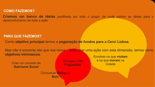 COMO FAZEMOS?
Criamos um banco de ideias partilhado por todo o grupo, de onde sairam as ideias para o
desenvolvimento de toda a ação
PARA QUE FAZEMOS?
Como objetivo principal temos a angariação de fundos para a Cerci Lisboa.
Mas não é somente isto que nos move… para criar uma ação com esta dimensão, temos como
objetivos intrínsecos:
Sinergias entre
Freguesias
Criar um conceito de
Bairrismo Social
Comunicar Melhor e
Bem
Envolver os que visitam
e os que moram na
Cidade
 