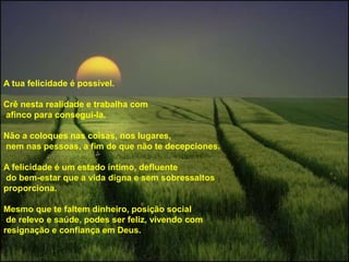 A tua felicidade é possível.
Crê nesta realidade e trabalha com
afinco para consegui-la.
Não a coloques nas coisas, nos lugares,
nem nas pessoas, a fim de que não te decepciones.
A felicidade é um estado íntimo, defluente
do bem-estar que a vida digna e sem sobressaltos
proporciona.
Mesmo que te faltem dinheiro, posição social
de relevo e saúde, podes ser feliz, vivendo com
resignação e confiança em Deus.
 