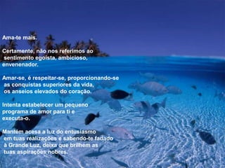Ama-te mais.
Certamente, não nos referimos ao
sentimento egoísta, ambicioso,
envenenador.
Amar-se, é respeitar-se, proporcionando-se
as conquistas superiores da vida,
os anseios elevados do coração.
Intenta estabelecer um pequeno
programa de amor para ti e
executa-o.
Mantém acesa a luz do entusiasmo
em tuas realizações e sabendo-te fadado
à Grande Luz, deixa que brilhem as
tuas aspirações nobres.
 