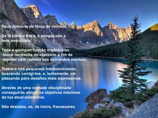 Deus dotou-te de força de vontade.
Se te parece fraca, é porque nâo a
tens exercitado.
Toda e qualquer função orgânica ou
moral necessita de exercício a fim de
atender com rapidez aos comandos mentais.
Treina-a nos pequenos hábitosviciosos,
buscando corrigi-los, e, lentamente, vai
passando para desafios mais expressivos.
Através de uma vontade disciplinada
conseguirás atingir os objetivos máximos
da tua atual existência.
Não desistas, se, de início, fracassares.
 