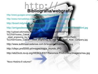 Bibliografia/webgrafia
http://www.guiageo-americas.com/mapas/mapa/globo-mundo.gif
http://www.mercadoloja.com/loja/osc/images/prod_kit_web_design.jpg
http://brasil.indymedia.org/images/2005/05/317338.jpg
http://amigosdeoracaowellington.files.wordpress.com/2008/07/brasil6ml.jpg
http://upload.wikimedia.org/wikipedia/commons/thumb/2/24/Pedro_
%C3%81lvares_Cabral_-
_steel_engraving_by_American_Bank_Note_Company.jpg/250px-Pedro_
%C3%81lvares_Cabral_-_steel_engraving_by_American_Bank_Note_Company.jpg
http://www.aultimaarcadenoe.com.br/arara%20vermelha2.jpg
http://cfepc.prof2000.pt/images/mapa_mundo.JPG
http://eb23ccb.no-ip.org/WEBQUEST/Recursos.Produzidos/Imagens/nau.jpg
“Novo História 8 volume1”
 