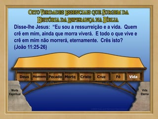 VidaFéCruzCristoMortePecadoHomemDeus
Disse-lhe Jesus: “Eu sou a ressurreição e a vida. Quem
crê em mim, ainda que morra viverá. E todo o que vive e
crê em mim não morrerá, eternamente. Crês isto?
(João 11:25-26)
Morte
Espiritual
Vida
Eterna
 