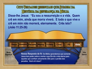 Nossa Resposta de fé: Da Bíblia aprendemos que somente
Jesus tem poder sobre a morte e que Ele dá a vida eterna para
aqueles que confiam unicamente nEle para o perdão dos
pecados. Você crê nisso?
VidaFéCruzCristoMortePecadoHomemDeus
Disse-lhe Jesus: “Eu sou a ressurreição e a vida. Quem
crê em mim, ainda que morra viverá. E todo o que vive e
crê em mim não morrerá, eternamente. Crês isto?
(João 11:25-26)
Morte
Espiritual
Vida
Eterna
 