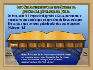 Deus
Nossa Resposta de fé: Da Bíblia aprendemos que somente
um, verdadeiro, eterno e santo Deus existe. Que Ele é nosso
Criador todo-poderoso e justo juíz, e que nós somos
responsáveis diante dEle. Você crê nisto?
Morte
Espiritual
Vida
Eterna
De fato, sem fé é impossível agradar a Deus, porquanto, é
necessário que aquele que se aproxima de Deus creia que
Ele existe e que se torna galardoador dos que o buscam.
(Hebreus 11:6)
 