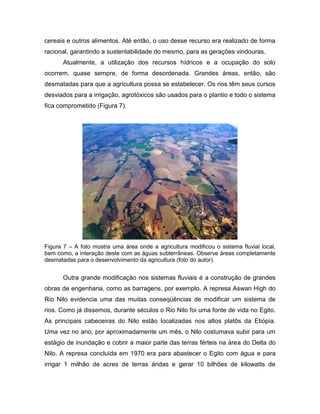 cereais e outros alimentos. Até então, o uso desse recurso era realizado de forma
racional, garantindo a sustentabilidade do mesmo, para as gerações vindouras.
Atualmente, a utilização dos recursos hídricos e a ocupação do solo
ocorrem, quase sempre, de forma desordenada. Grandes áreas, então, são
desmatadas para que a agricultura possa se estabelecer. Os rios têm seus cursos
desviados para a irrigação, agrotóxicos são usados para o plantio e todo o sistema
fica comprometido (Figura 7).
Figura 7 – A foto mostra uma área onde a agricultura modificou o sistema fluvial local,
bem como, a interação deste com as águas subterrâneas. Observe áreas completamente
desmatadas para o desenvolvimento da agricultura (foto do autor).
Outra grande modificação nos sistemas fluviais é a construção de grandes
obras de engenharia, como as barragens, por exemplo. A represa Aswan High do
Rio Nilo evidencia uma das muitas conseqüências de modificar um sistema de
rios. Como já dissemos, durante séculos o Rio Nilo foi uma fonte de vida no Egito.
As principais cabeceiras do Nilo estão localizadas nos altos platôs da Etiópia.
Uma vez no ano, por aproximadamente um mês, o Nilo costumava subir para um
estágio de inundação e cobrir a maior parte das terras férteis na área do Delta do
Nilo. A represa concluída em 1970 era para abastecer o Egito com água e para
irrigar 1 milhão de acres de terras áridas e gerar 10 bilhões de kilowatts de
 