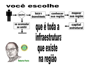 opções buscar o desenvolvimento se acomodar se omitir conhecer  sua região mapear sua região capital estrutural você escolhe que é toda a infraestrutura que existe  na região 