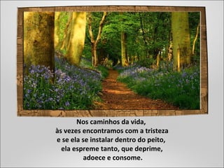 Nos caminhos da vida,
às vezes encontramos com a tristeza
e se ela se instalar dentro do peito,
ela espreme tanto, que deprime,
adoece e consome.
 