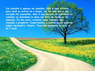 Um caminho é apenas um caminho. Não é uma afronta para você ou outros se o largar, se for isso que o seu coração lhe aconselha. Mas a sua decisão de continuar no caminho ou abandoná-lo deve ser livre de medo ou de ambição. Eu lhe aviso: examine cada caminho com atenção e propósito. Experimente-o tantas vezes quantas julgar necessário. Depois, faça uma pergunta a você, e só a você.