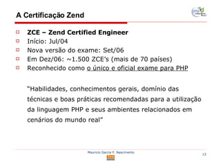 A Certificação Zend ZCE – Zend Certified Engineer Início: Jul/04 Nova versão do exame: Set/06 Em Dez/06: ~1.500 ZCE’s (mais de 70 países) Reconhecido como  o único e oficial exame para PHP “ Habilidades, conhecimentos gerais, domínio das técnicas e boas práticas recomendadas para a utilização da linguagem PHP e seus ambientes relacionados em cenários do mundo real” 