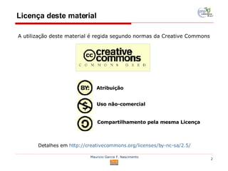 Licença deste material A utilização deste material é regida segundo normas da Creative Commons Atribuição Uso não-comercial Compartilhamento pela mesma Licença Detalhes em  http://creativecommons.org/licenses/by-nc-sa/2.5/ 