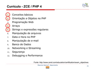 Conceitos básicos Orientação a Objetos no PHP Programação Web Arrays Strings e expressões regulares Manipulação de arquivos Data e Hora no PHP Manipulação de e-mail Banco de Dados Networking e Streaming Segurança Debugging e Performance Currículo - ZCE / PHP 4 Fonte: http://www.zend.com/education/certification/exam_objectives 