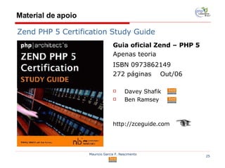 Material de apoio Guia oficial Zend – PHP 5 Apenas teoria ISBN  0973862149   272 páginas  Out/06 Davey Shafik Ben Ramsey http://zceguide.com Zend PHP 5 Certification Study Guide 