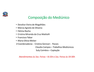 Composição do Mediúnico
• Doralice Vieira de Magalhães
• Márcia Agnelo de Oliveira
• Fátima Rocha
• Cristina Miranda da Cruz Mattiolli
• Francisco Tobar
• Maria Olívia Melzer
Coordenadoras : Cristina Gennari - Passes
Claudia Campos – Trabalhos Mediúnicos
Suly Coimbra – Captação
Atendimentos às 3as. Feiras – 8:15h e 2as. Feiras às 19:30h
 