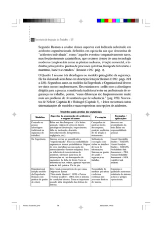 58 Secretaria de Inspeção do Trabalho – SIT
Segundo Reason a análise desses aspectos está indicada sobretudo em
acidentes organizacionais, definidos em oposição aos que denomina de
“acidentes individuais”, como “aqueles eventos comparativamente raros,
mas freqüentemente catastróficos, que ocorrem dentro de uma tecnologia
moderna complexa tais como as plantas nucleares, aviação comercial, a in-
dústria petroquímica, plantas de processos químicos, transporte ferroviário e
marítimo, bancos e estádios” (Reason 1997, pág. 1).
O Quadro 1 resume três abordagens ou modelos para gestão da segurança.
Ele foi elaborado com base em descrição feita por Reason (1997, págs. 224
a 226). Segundo o autor, os modelos da Engenharia e Organizacional devem
ser vistos como complementares. Eles estariam em conflito com a abordagem
dirigida para a pessoa, considerada tradicional entre os profissionais de se-
gurança no trabalho, porém, “essas diferenças são freqüentemente muito
mais um problema de circunstância que de substância.” (pág. 226). Nos tex-
tos de Neboit (Capítulo 4) e Holnagel (Capítulo 5), o leitor encontrará outras
sistematizações de modelos e suas respectivas concepções de acidentes.
Modelos para gestão da segurança
Modelos
Aspectos da concepção de acidentes
e origens de erros
Prevenção
Exemplos /
aplicações
Centrado na
pessoa
(abordagem
tradicional na
segurança do
trabalho).
Ênfase em Atos Inseguros – AI e lesões
pessoais. Origens de erros em fatores
psicológicos (desatenção, esquecimento,
falha na motivação, descuido,
desconhecimento, inexperiência,
negligência, etc.).
Campanhas de
apelo ao medo.
Recompensa,
punição, auditorias
de AI, seleção e
treinamento.
Intervem nas
proximidades da
lesão.Ênfase em
responsabilidade
pessoal.
Da Engenharia. Sistema precisa ser quantificado e
“engenheirizado”. Foco na confiabilidade
expressa em termos probabilísticos. Origens
de erros em falhas na concepção do
sistema (interface homem-máquina). Foco
na influência de características do
ambiente, interfaces para troca de
informações etc, no desempenho de
operadores da linha de frente. Usos na
Indústria nuclear, militar, agências espaciais,
aviação, ind química, Cia de gás.
Melhoria da
concepção com
ênfase na interface
de troca de
informações.
Sistemas de gestão
de saúde e
segurança no
trabalho.
Hazard Operability
Studies – HAZOPS,
Hazard Analysis
Studies – HAZANS,
Probabilistic Risk
Assessment – PRA,
Human Reliability
Assessment – HRA,
cognitive task
analysis.
Organizacional
(amplia modelo
da Engenharia.
Relação com
práticas de gestão
de crises).
Erro é mais conseqüência do que causa.
Origens em Turner
(“Man made disasters”, 1978) e Perrow
(“Normal accident”, 1984). Erro é sintoma
de condições latentes. Torna-se importante
quando afeta integridade das defesas do
sistema.
Necessidade de
medidas pró-ativas
e reformas
contínuas dos
processos básicos
do sistema.
Segurança e
qualidade aumentam
resistência do sistema
a riscos e perigos
operacionais.
Analise Acidentes.pmd 25/03/2004, 14:0358
 
