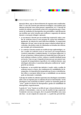 102 Secretaria de Inspeção do Trabalho – SIT
interação direta, seja no desenvolvimento de respostas mais consideradas.
(Este é o caso não somente para sistemas tecnológicos, mas também para
sistemas sociais tais como outras pessoas, organizações, etc.). Cada tipo de
modelo de acidente caracterizado acima tem conseqüências para o trata-
mento de resultados de desempenhos não pretendidos e especificamente
nas medidas que serão tomadas para melhorar a segurança do sistema
durante a concepção (design) e operação:
• se um sistema é descrito por um modelo tipo seqüencial, então a aná-
lise de acidentes torna-se uma pesquisa de causas bem definidas e,
igualmente, de relações de causa-efeito bem definidas. A compreensão
subjacente é de que, uma vez que tais causas e relações tenham sido en-
contradas, elas podem então ser eliminadas ou tornadas não-efetivas,
por exemplo, por enclausuramento;
• se o sistema é descrito usando um modelo do tipo epidemiológico, en-
tão a análise de acidentes torna-se uma busca por transportadores
(carriers) conhecidos e condições latentes. A concepção subjacente é a
de que as barreiras e defesas podem ser fortalecidas para evitar que fu-
turos acidentes venham a ocorrer, embora o caminho detalhado possa
ser incerto. Uma vez que é impraticável procurar por um número mui-
to grande de transportadores específicos e de condições latentes, uma
abordagem alternativa é caracterizar indicações confiáveis da “saúde”
geral de um sistema;
• finalmente, se um modelo tipo sistêmico é usado, então a análise de
acidentes torna-se a busca, por combinações de variabilidades de de-
sempenhos, de dependências inesperadas que levam a coincidências.
Isto reflete a concepção (idéia) de que a variabilidade em um sistema
pode ser detectada e controlada.
Cada tipo de modelo de acidentes representa uma abordagem característica
sobre como as respostas para os acidentes devam ser determinadas. As três
abordagens como mostradas na tabela 1 podem ser chamadas gestão de
“erros”, gestão de desvios de desempenhos e gestão da variabilidade de
desempenhos, respectivamente.
A gestão de “erros” baseia-se na idéia de que o desenvolvimento de um
acidente é determinístico, como no caso do modelo do tipo seqüencial.
Consistente com essa concepção, deve ser possível identificar uma causa
raiz clara – ou um conjunto de causas-raíz – e, a partir daí, prevenir futu-
Analise Acidentes.pmd 25/03/2004, 14:03102
 