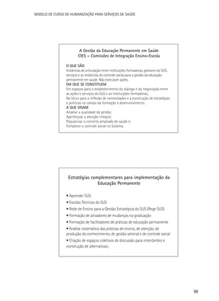 Modelo de Curso de Humanização para Serviços de Saúde

A Gestão da Educação Permanente em Saúde
CIES – Comissões de Integração Ensino-Escola
O QUE SÃO
Instâncias de articulação entre instituições formadoras, gestores do SUS,
serviços e as instâncias do controle social para a gestão da educação
permanente em saúde. Não executam ações.
EM QUE SE CONSTITUEM
Em espaços para o estabelecimento do diálogo e da negociação entre
as ações e serviços do SUS e as instituições formadoras;
No lócus para a reflexão de necessidades e a construção de estratégias
e políticas no campo da formação e desenvolvimento.
A QUE VISAM
Ampliar a qualidade da gestão;
Aperfeiçoar a atenção integral;
Popularizar o conceito ampliado de saúde e;
Fortalecer o controle social no Sistema.

Estratégias complementares para implementação da
Educação Permanente
• Aprender SUS
• Escolas Técnicas do SUS
• Rede de Ensino para a Gestão Estratégica do SUS (Rege SUS)
• Formação de ativadores de mudanças na graduação
• Formação de facilitadores de práticas de educação permanente
• Análise sistemática das práticas de ensino, de atenção, de
produção do conhecimento, de gestão setorial e de controle social
• Criação de espaços coletivos de discussão para intercâmbio e
construção de alternativas;

99

 