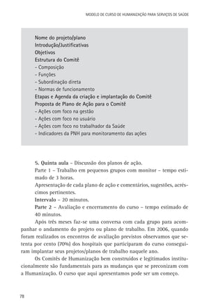 Modelo de Curso de Humanização para Serviços de Saúde

Nome do projeto/plano
Introdução/Justificativas
Objetivos
Estrutura do Comitê
- Composição
- Funções
- Subordinação direta
- Normas de funcionamento
Etapas e Agenda da criação e implantação do Comitê
Proposta de Plano de Ação para o Comitê
- Ações com foco na gestão
- Ações com foco no usuário
- Ações com foco no trabalhador da Saúde
- Indicadores da PNH para monitoramento das ações

5. Quinta aula – Discussão dos planos de ação.
Parte 1 – Trabalho em pequenos grupos com monitor – tempo estimado de 3 horas.
Apresentação de cada plano de ação e comentários, sugestões, acréscimos pertinentes.
Intervalo – 20 minutos.
Parte 2 – Avaliação e encerramento do curso – tempo estimado de
40 minutos.
Após três meses faz-se uma conversa com cada grupo para acompanhar o andamento do projeto ou plano de trabalho. Em 2006, quando
foram realizados os encontros de avaliação previstos observamos que setenta por cento (70%) dos hospitais que participaram do curso conseguiram implantar seus projetos/planos de trabalho naquele ano.
Os Comitês de Humanização bem construídos e legitimados institucionalmente são fundamentais para as mudanças que se preconizam com
a Humanização. O curso que aqui apresentamos pode ser um começo.

78

 